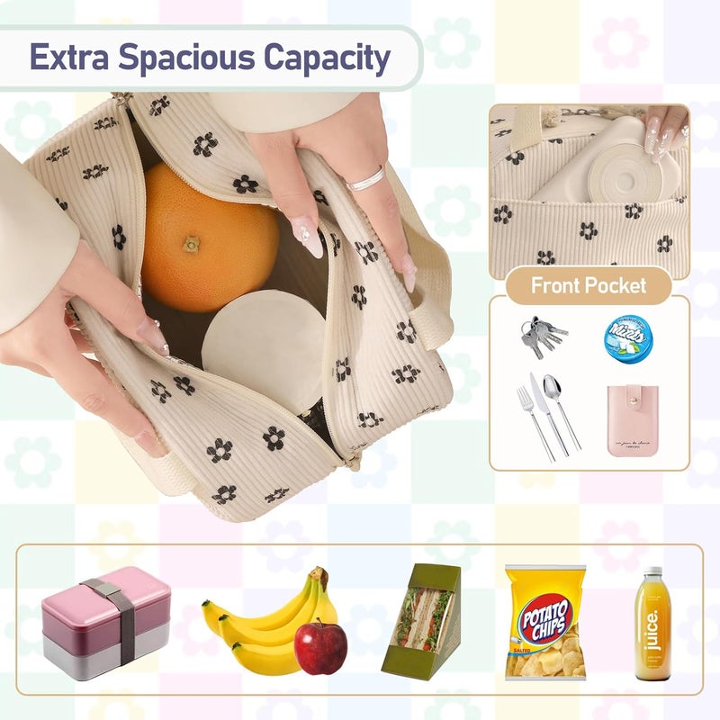 Baglemon Lunch Bag for Women Men Cute Corduroy Lunch Tote Bags Reusable Insulated Lunch Box Large Capacity Reusable Insulated Cooler for Work/Picnic/Travel - Image 2